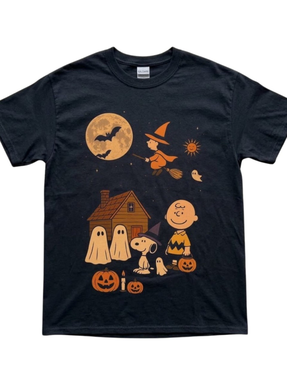 Gildan Black Peanuts Halloween Short Sleeve Tee with Orange Print